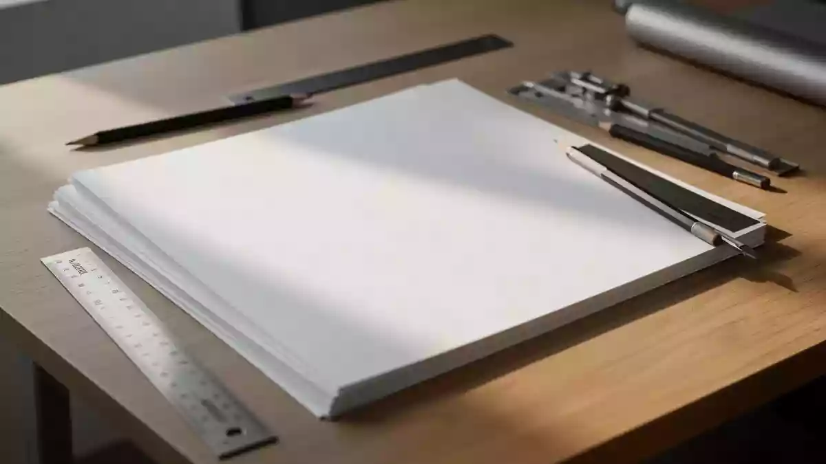 Ein minimalistischer Schreibtisch mit Papierstapeln und professionellen Zeichenwerkzeugen in hellem, natürlichem Licht. Illustration mit AI erstellt.