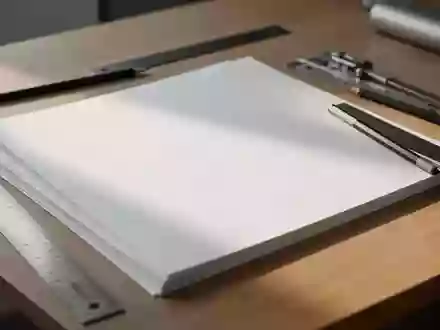 Ein minimalistischer Schreibtisch mit Papierstapeln und professionellen Zeichenwerkzeugen in hellem, natürlichem Licht. - Foto: über boerse-global.de