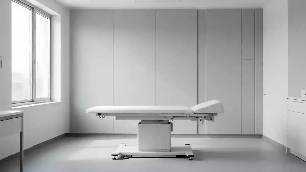 Ein minimalistischer, heller Untersuchungsraum in einem klinischen Forschungslabor mit einer leeren Behandlungsliege. Illustration mit AI erstellt.