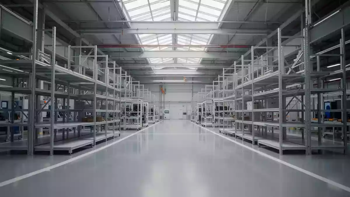 Ein modernes, aufgeräumtes Logistikzentrum in einer Automobilfabrik mit modularen Regalsystemen und Industrieboden. Illustration mit AI erstellt.