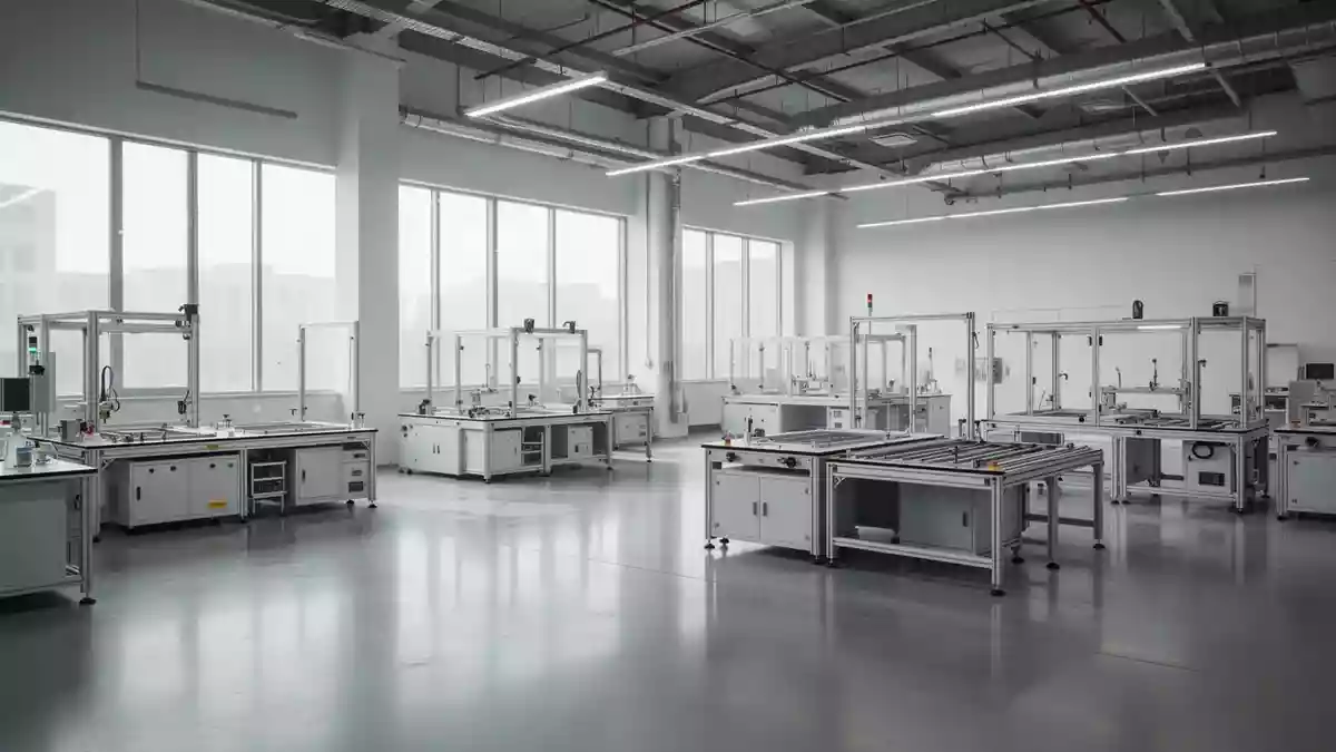 Ein minimalistisches, modernes Forschungslabor mit hellen Räumen und modularen Arbeitsplätzen ohne Personen. Illustration mit AI erstellt.
