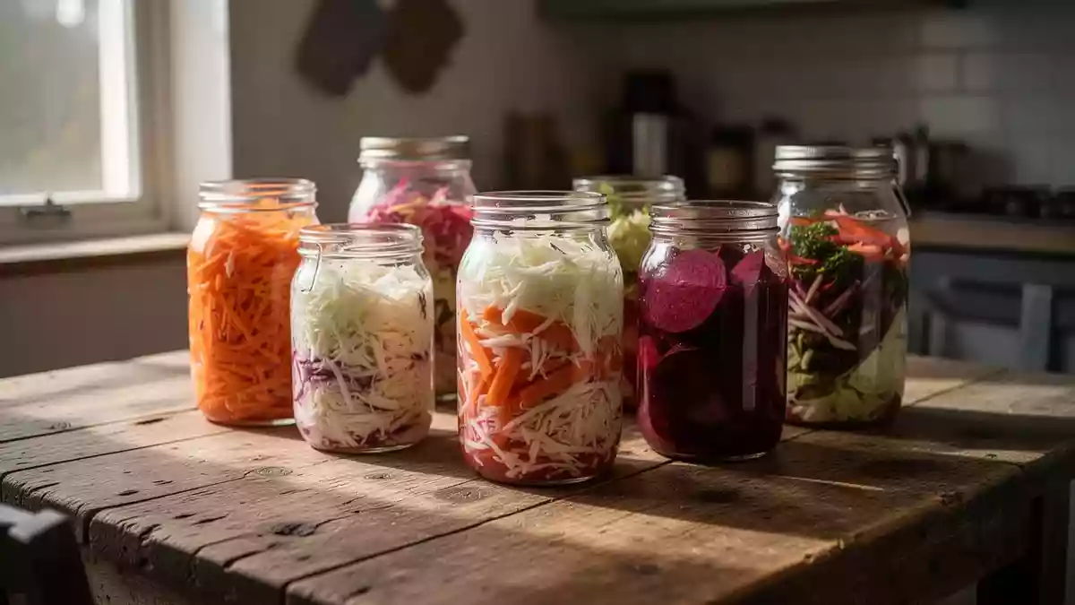 Verschiedene Gläser mit fermentiertem Gemüse wie Sauerkraut und Karotten auf einem Holztisch bei natürlichem Licht. Illustration mit AI erstellt.