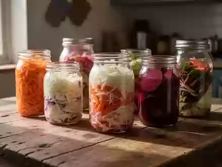 Verschiedene Gläser mit fermentiertem Gemüse wie Sauerkraut und Karotten auf einem Holztisch bei natürlichem Licht. - Foto: über boerse-global.de