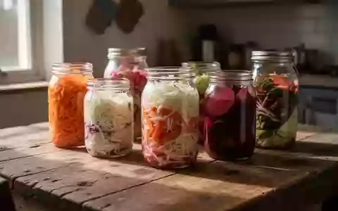Verschiedene Gläser mit fermentiertem Gemüse wie Sauerkraut und Karotten auf einem Holztisch bei natürlichem Licht. - Foto: über boerse-global.de
