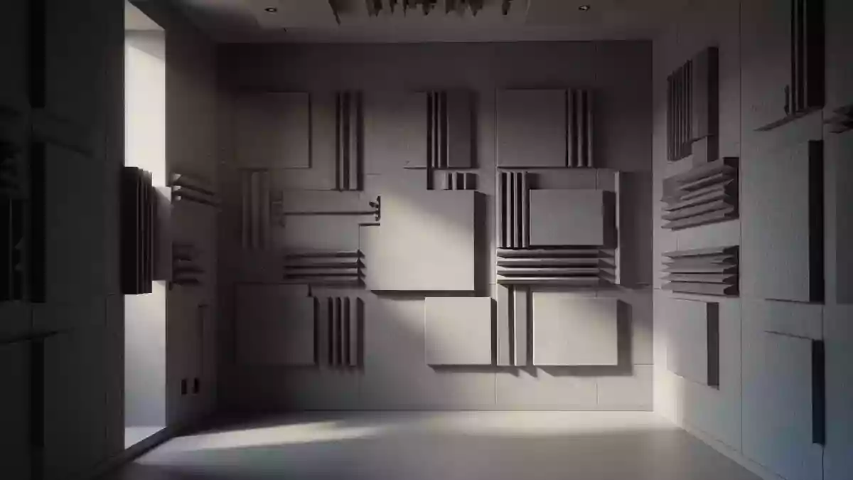 Ein minimalistisch gestalteter, schallgedämpfter Raum mit geometrischen Akustikpaneelen an den Wänden. Illustration mit AI erstellt.