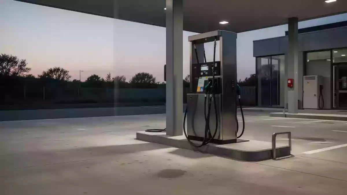 Eine leere Tankstelle bei Dämmerung mit Fokus auf den Boden und die Basis einer Zapfsäule. Illustration mit AI erstellt.
