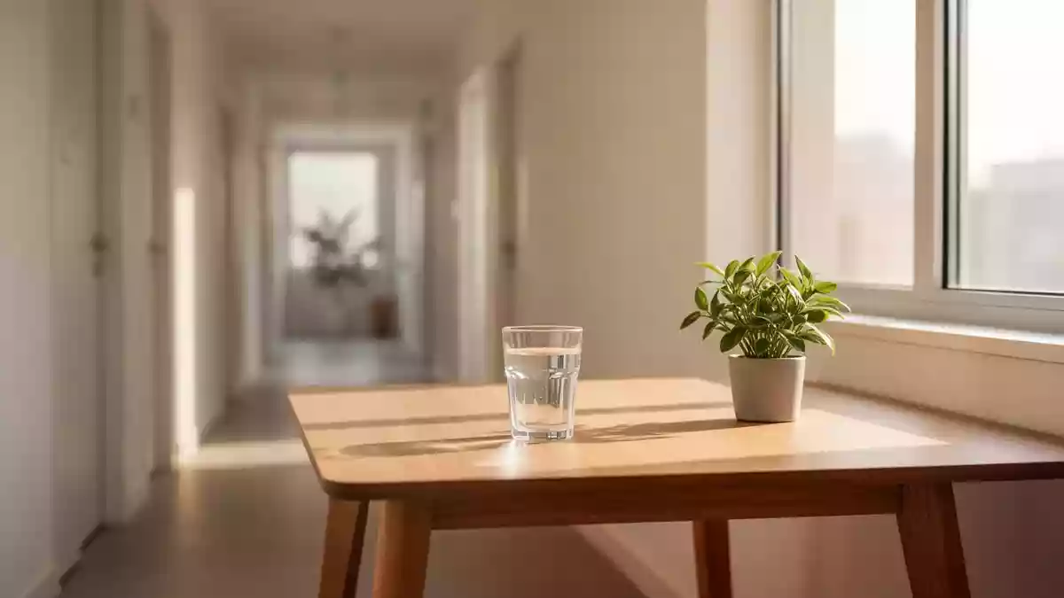 Ein minimalistischer, lichtdurchfluteter Raum mit einem Holztisch und einer Pflanze, der eine ruhige und professionelle Atmosphäre vermittelt. Illustration mit AI erstellt.