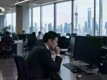 Ein besorgter Finanzexperte blickt auf einen dunklen Monitor vor dem Hintergrund einer modernen Bürolandschaft. - Foto: über boerse-global.de