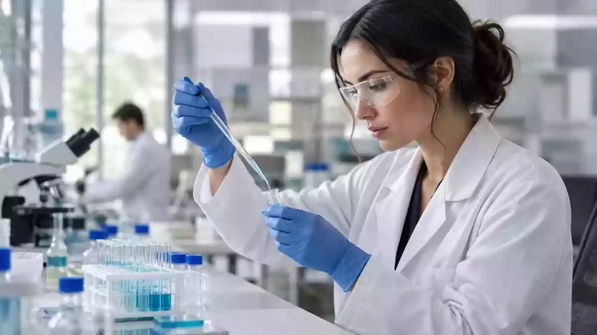 Wissenschaftler in einem modernen Labor bei der Arbeit mit biologischen Proben. Illustration mit AI erstellt.