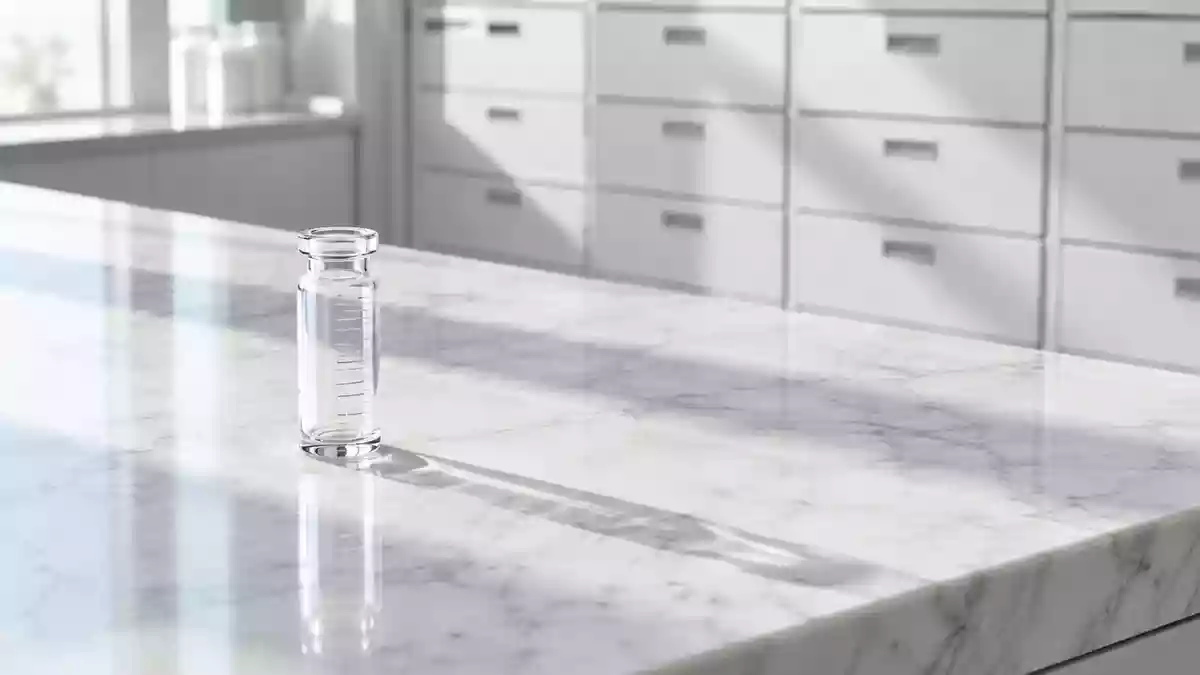 Ein steriler, leerer Apothekentresen aus weißem Marmor mit einem einzelnen Glasgefäß in natürlichem Licht. Illustration mit AI erstellt.