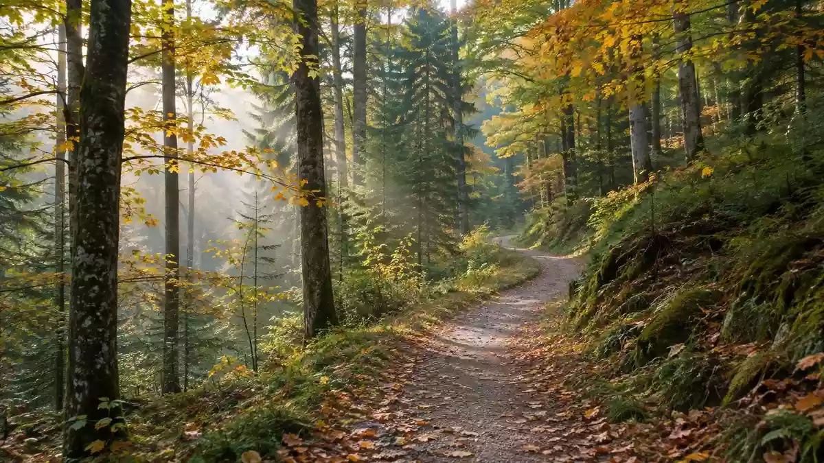 Ein ruhiger Waldweg im herbstlichen Morgenlicht als Symbol für einen bewussten und gesunden Lebensstil. Illustration mit AI erstellt.