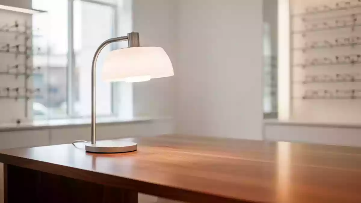 Ein minimalistisch beleuchteter Raum in einer modernen Augenarztpraxis mit Fokus auf weiches Tageslicht. Illustration mit AI erstellt.
