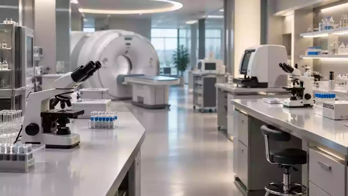 Modernes medizinisches Forschungslabor mit diagnostischen Geräten und Mikroskopen in einer klinischen Umgebung. Illustration mit AI erstellt.