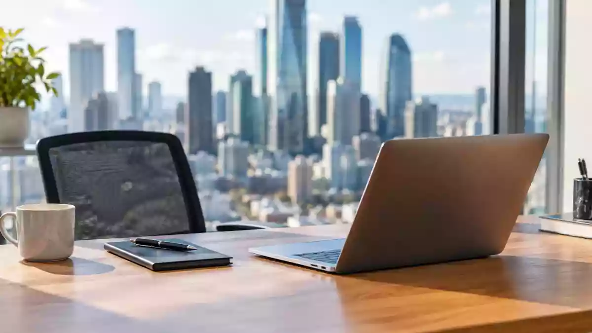 Moderner, heller Büroarbeitsplatz mit Laptop vor einem unscharfen Hintergrund eines Finanzviertels. Illustration mit AI erstellt.