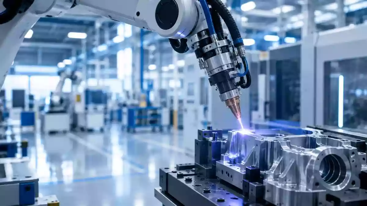 Ein präziser Industrielaser bearbeitet ein Metallbauteil in einer modernen Fertigungshalle. Illustration mit AI erstellt.