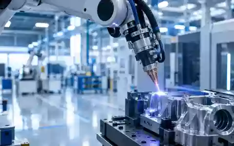 Ein präziser Industrielaser bearbeitet ein Metallbauteil in einer modernen Fertigungshalle. - Foto: über boerse-global.de