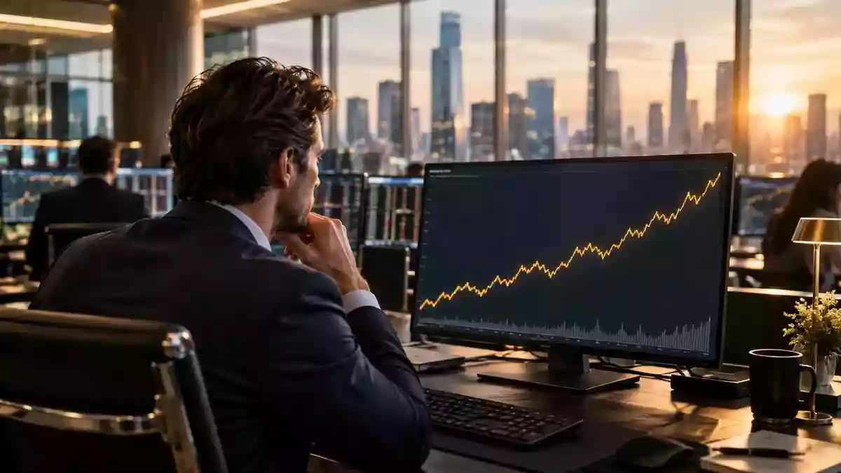 Ein professioneller Trader blickt auf einen Monitor mit einem steil ansteigenden Kursgraphen in einem modernen Büro. Illustration mit AI erstellt.