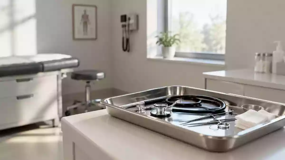Ein minimalistisch eingerichteter medizinischer Untersuchungsraum mit einem sauberen Instrumententablett. Illustration mit AI erstellt.
