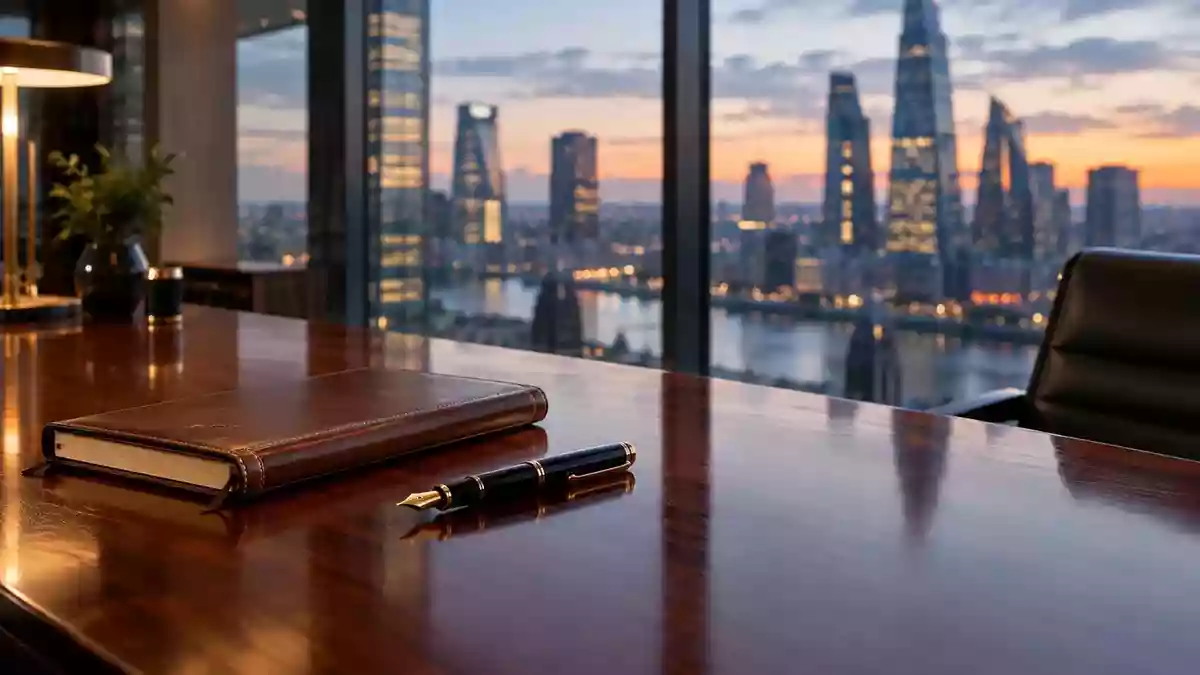 Ein moderner, eleganter Büroraum mit Blick auf ein Finanzviertel bei Dämmerung. Illustration mit AI erstellt.