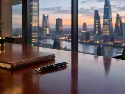 Ein moderner, eleganter Büroraum mit Blick auf ein Finanzviertel bei Dämmerung. - Foto: über boerse-global.de