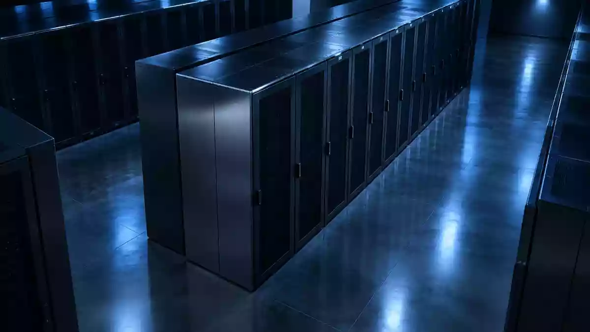 Dunkler, minimalistischer Serverraum mit glänzenden Metall-Serverracks und kühler blauer Beleuchtung. Illustration mit AI erstellt.