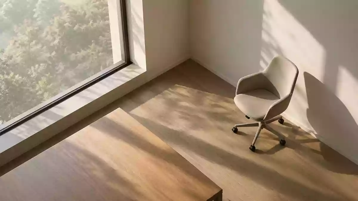 Ein minimalistischer, heller Arbeitsplatz mit weichem Lichteinfall und neutralen Oberflächen in einer ruhigen Umgebung. Illustration mit AI erstellt.