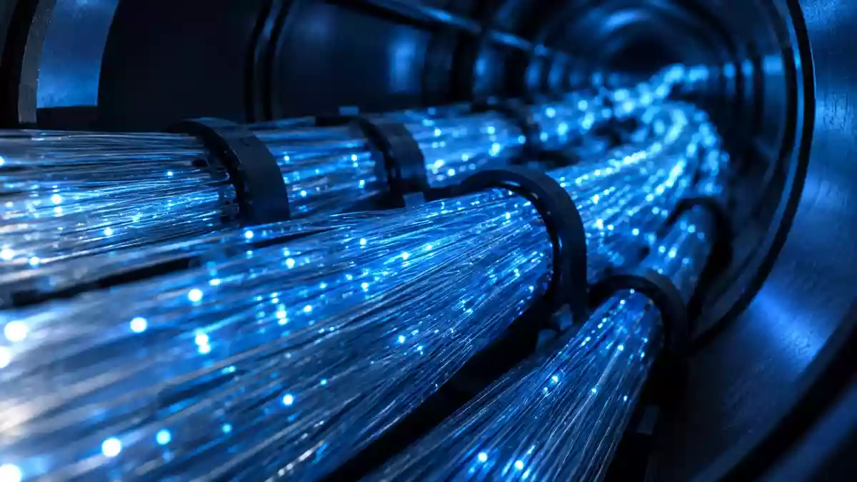 Nahaufnahme eines komplexen Glasfaserkabelnetzes mit blauem Licht in einem dunklen, industriellen Leitungsschacht. Illustration mit AI erstellt.