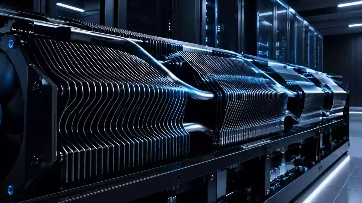 Nahaufnahme einer hochmodernen Grafikkarten-Kühlstruktur mit detaillierten Metalllamellen in einer dunklen, technologischen Umgebung. Illustration mit AI erstellt.
