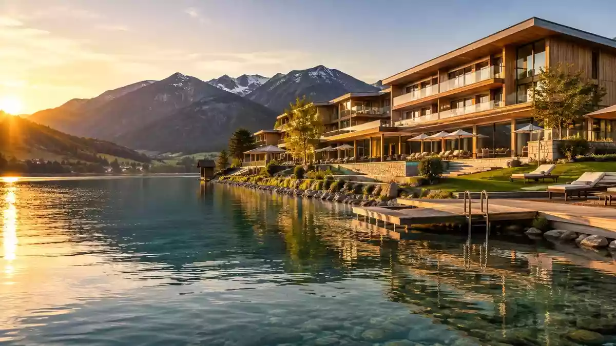 Ein modernes Luxushotel in der malerischen Landschaft des Tegernsees bei Sonnenuntergang. Illustration mit AI erstellt.