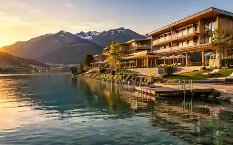 Ein modernes Luxushotel in der malerischen Landschaft des Tegernsees bei Sonnenuntergang. - Foto: über boerse-global.de