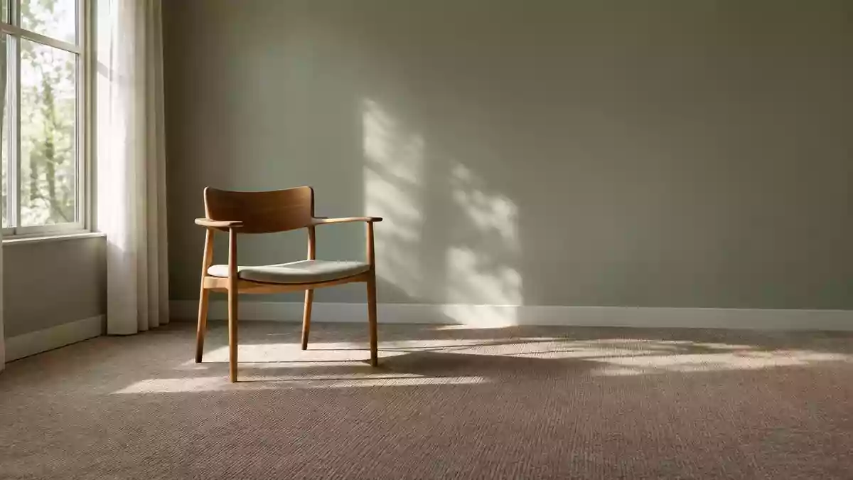 Ein minimalistischer, ruhiger Therapieraum mit natürlichem Licht, einem einzelnen Holzstuhl und dezenten Farben. Illustration mit AI erstellt.
