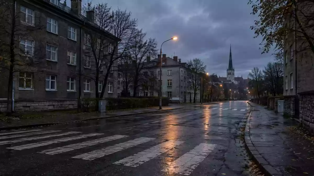 Eine verregnete Straßenkreuzung in einem Stadtviertel von Tallinn während der Dämmerung mit leeren Fußgängerüberwegen. Illustration mit AI erstellt.