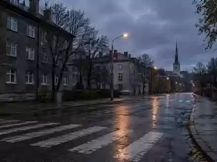 Eine verregnete Straßenkreuzung in einem Stadtviertel von Tallinn während der Dämmerung mit leeren Fußgängerüberwegen. - Foto: über boerse-global.de