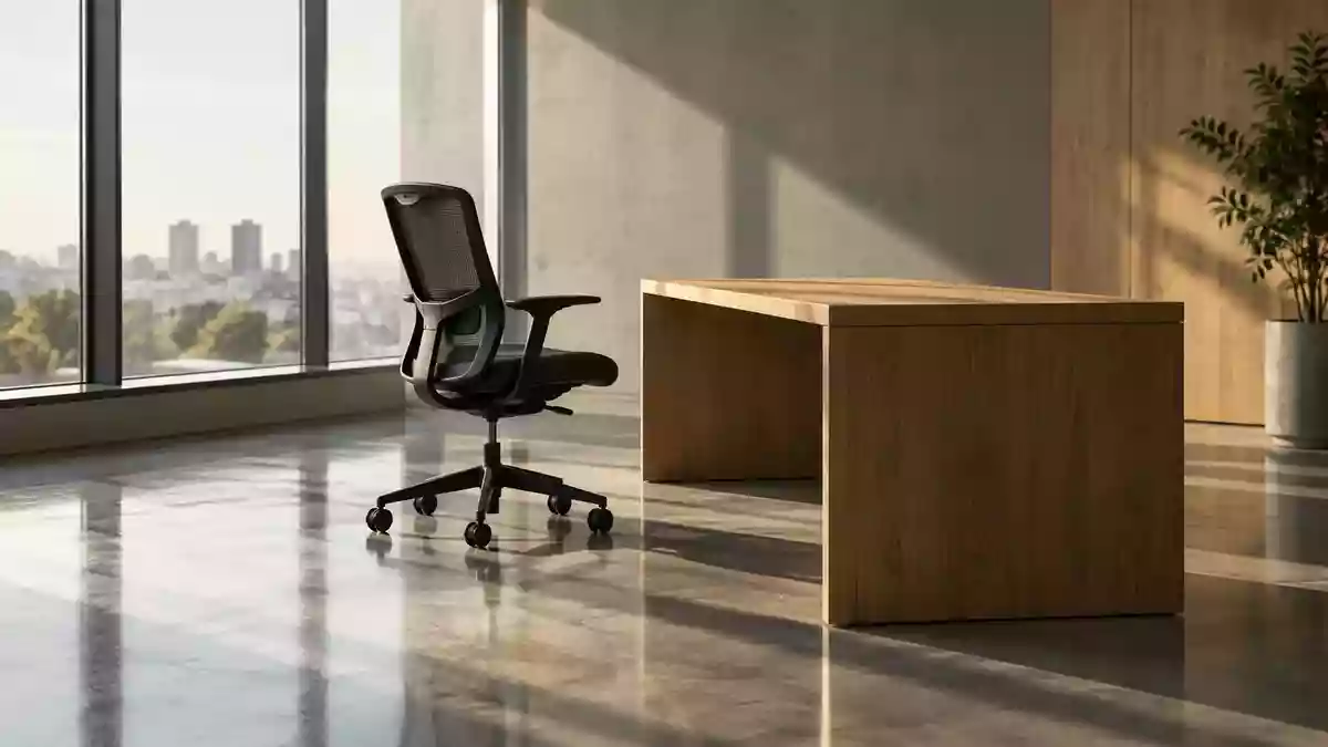 Ein minimalistisches, unbesetztes Büro mit einem ergonomischen Stuhl und einem Schreibtisch bei natürlichem Lichteinfall. Illustration mit AI erstellt.