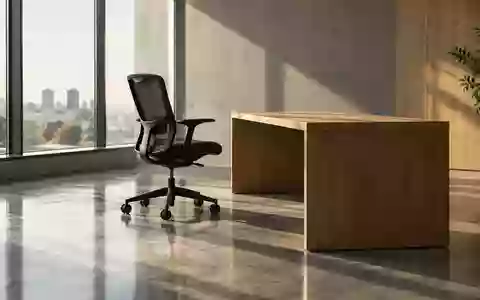 Ein minimalistisches, unbesetztes Büro mit einem ergonomischen Stuhl und einem Schreibtisch bei natürlichem Lichteinfall. - Foto: über boerse-global.de