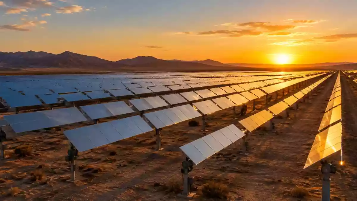 Weitläufiger Solarpark mit nachgeführten Solarmodulen in einer Wüstenlandschaft bei Sonnenuntergang. Illustration mit AI erstellt.