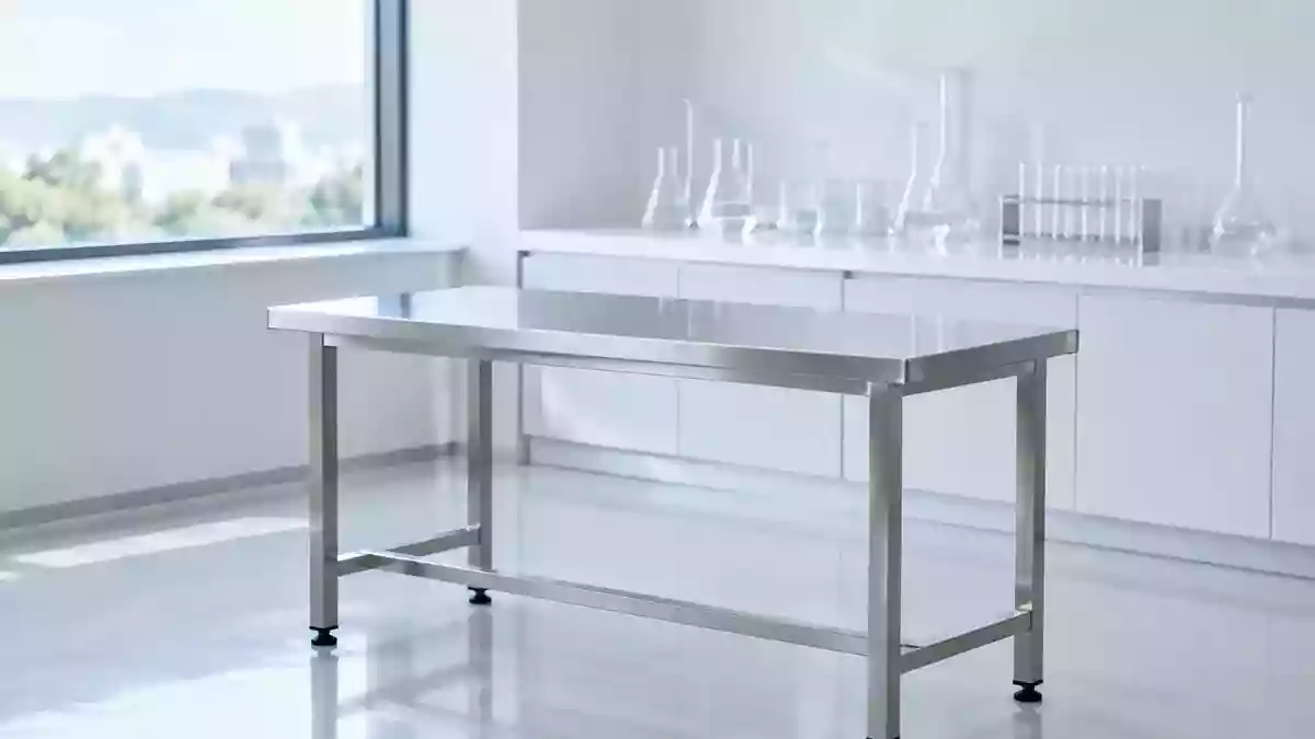 Ein minimalistischer, klinischer Untersuchungsraum in einem medizinischen Forschungslabor mit einem leeren Edelstahltisch. Illustration mit AI erstellt.