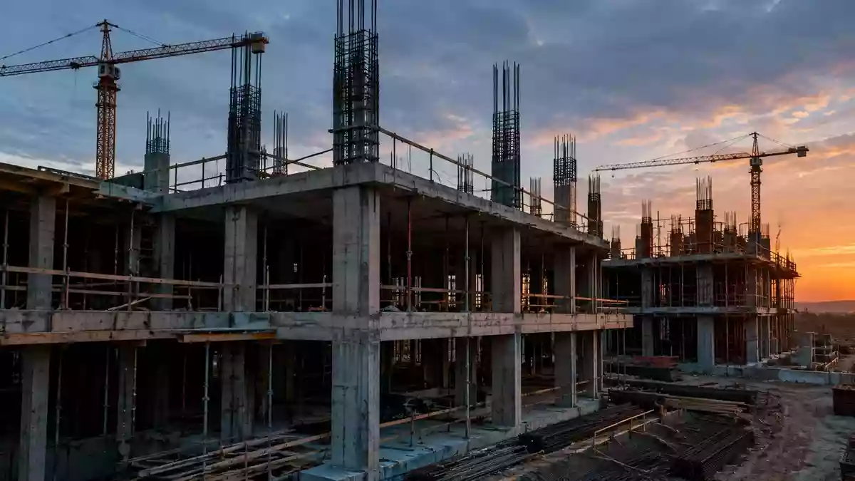 Rohbau einer modernen Baustelle mit freiliegenden Betonstrukturen und Stahlbewehrungen in der Dämmerung. Illustration mit AI erstellt.
