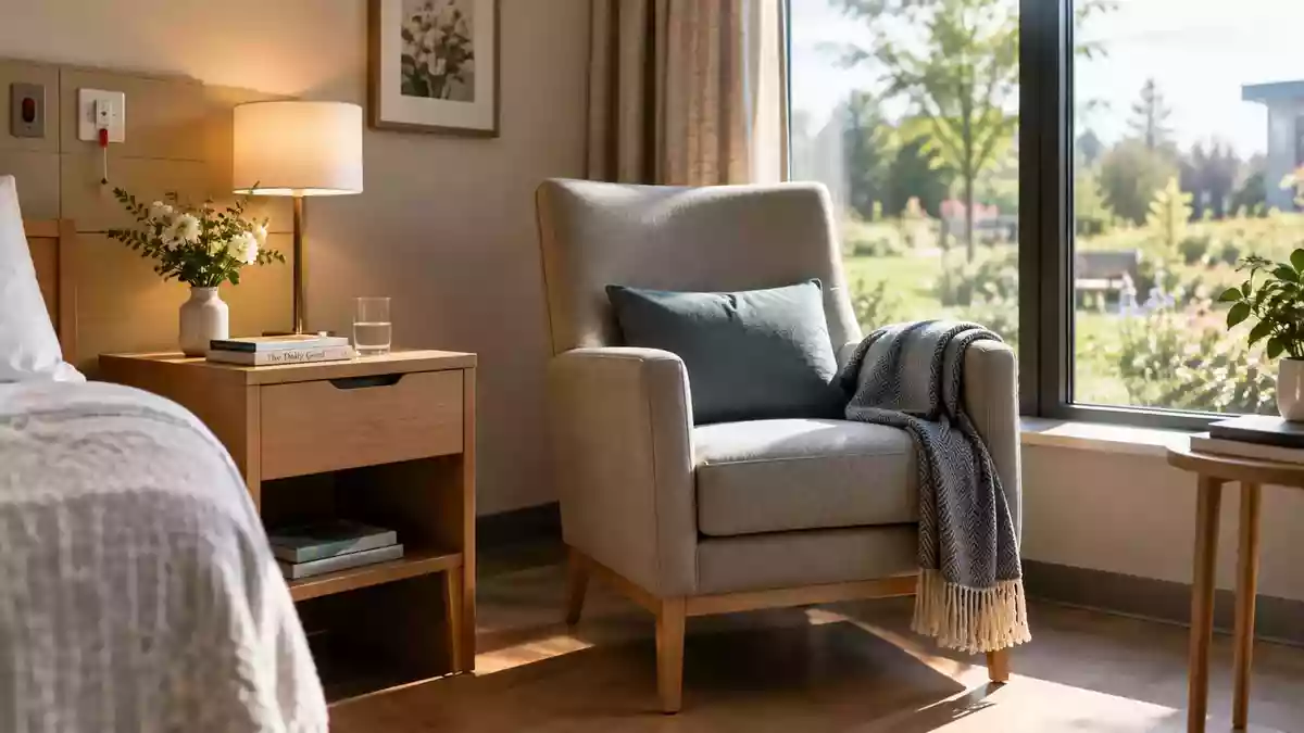 Ein sonnendurchflutetes, ruhiges Zimmer in einem Pflegeheim mit einem Holztisch und einem Sessel am Fenster. Illustration mit AI erstellt.