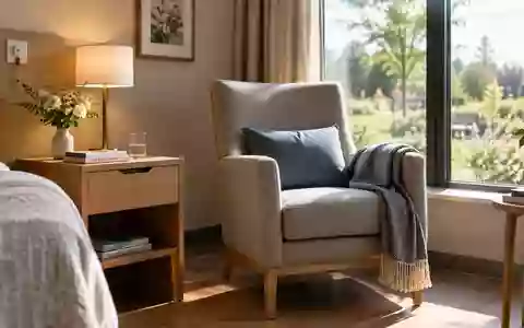 Ein sonnendurchflutetes, ruhiges Zimmer in einem Pflegeheim mit einem Holztisch und einem Sessel am Fenster. - Foto: über boerse-global.de