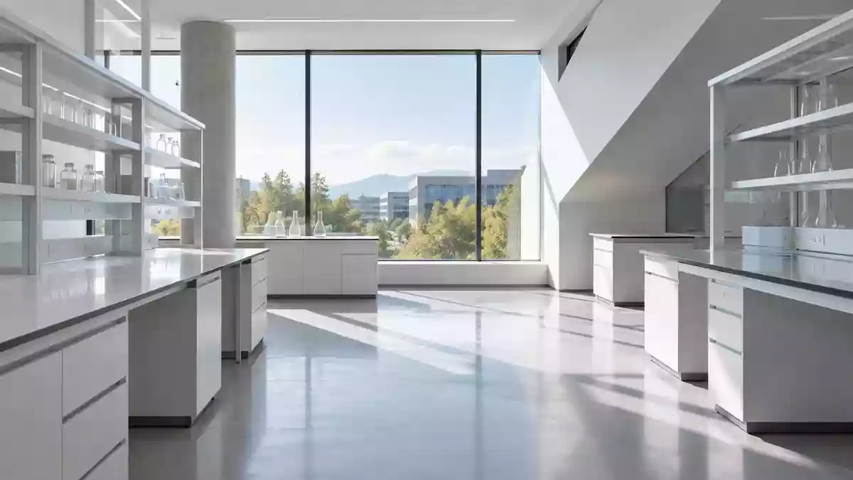 Ein minimalistischer, heller Forschungsraum in einer Universität mit klaren architektonischen Linien und natürlichem Licht. Illustration mit AI erstellt.