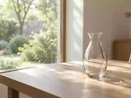Ein minimalistischer, lichtdurchfluteter Raum mit einer leeren Glasvase auf einem Holztisch in einer ruhigen Umgebung. - Foto: über boerse-global.de