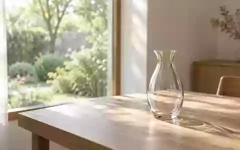 Ein minimalistischer, lichtdurchfluteter Raum mit einer leeren Glasvase auf einem Holztisch in einer ruhigen Umgebung. - Foto: über boerse-global.de