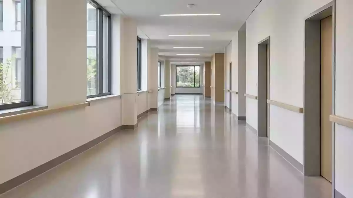 Ein moderner, leerer Flur in einem deutschen Krankenhaus mit neutraler Architektur und sachlicher Beleuchtung. Illustration mit AI erstellt.