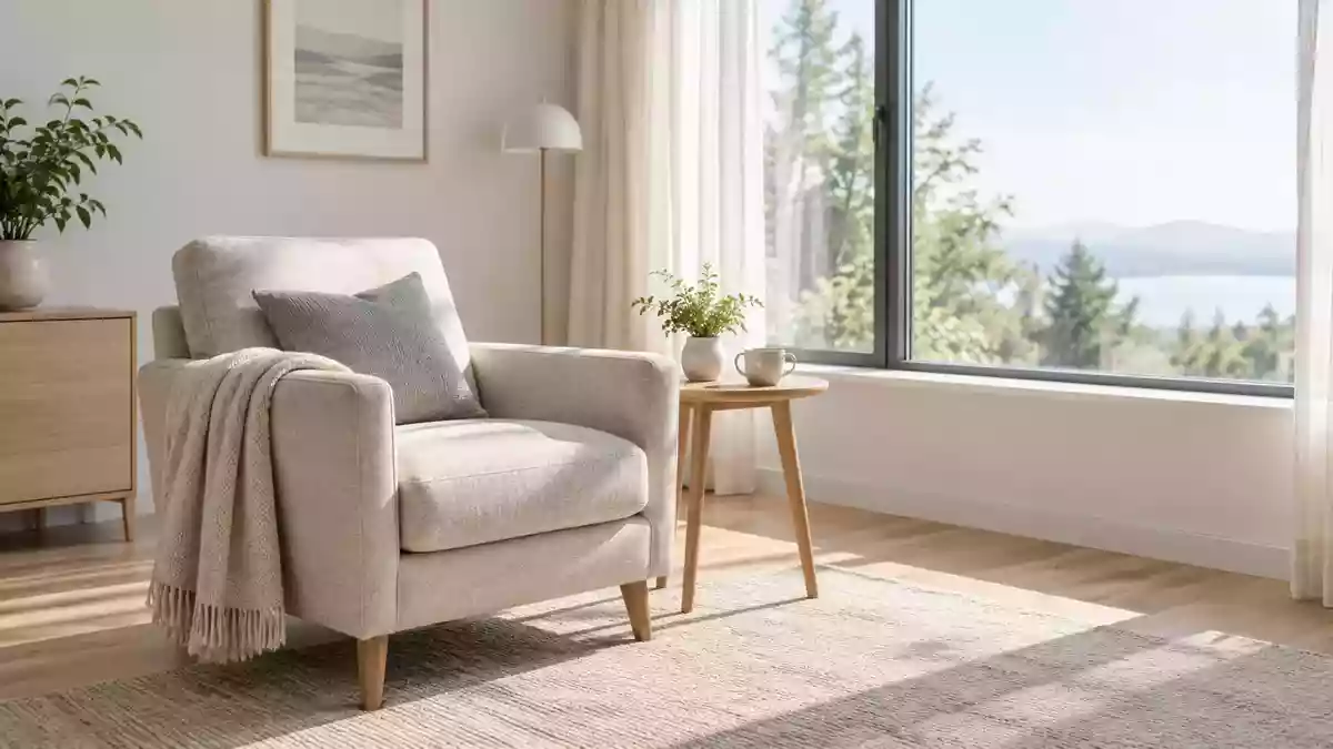 Ein helles, ruhiges Wohnzimmer mit modernem Interieur und weichem Tageslicht, das eine entspannte häusliche Atmosphäre schafft. Illustration mit AI erstellt.
