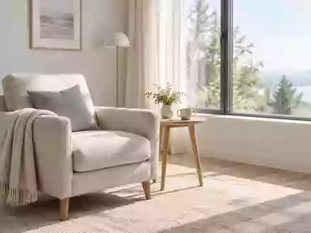 Ein helles, ruhiges Wohnzimmer mit modernem Interieur und weichem Tageslicht, das eine entspannte häusliche Atmosphäre schafft. - Foto: über boerse-global.de