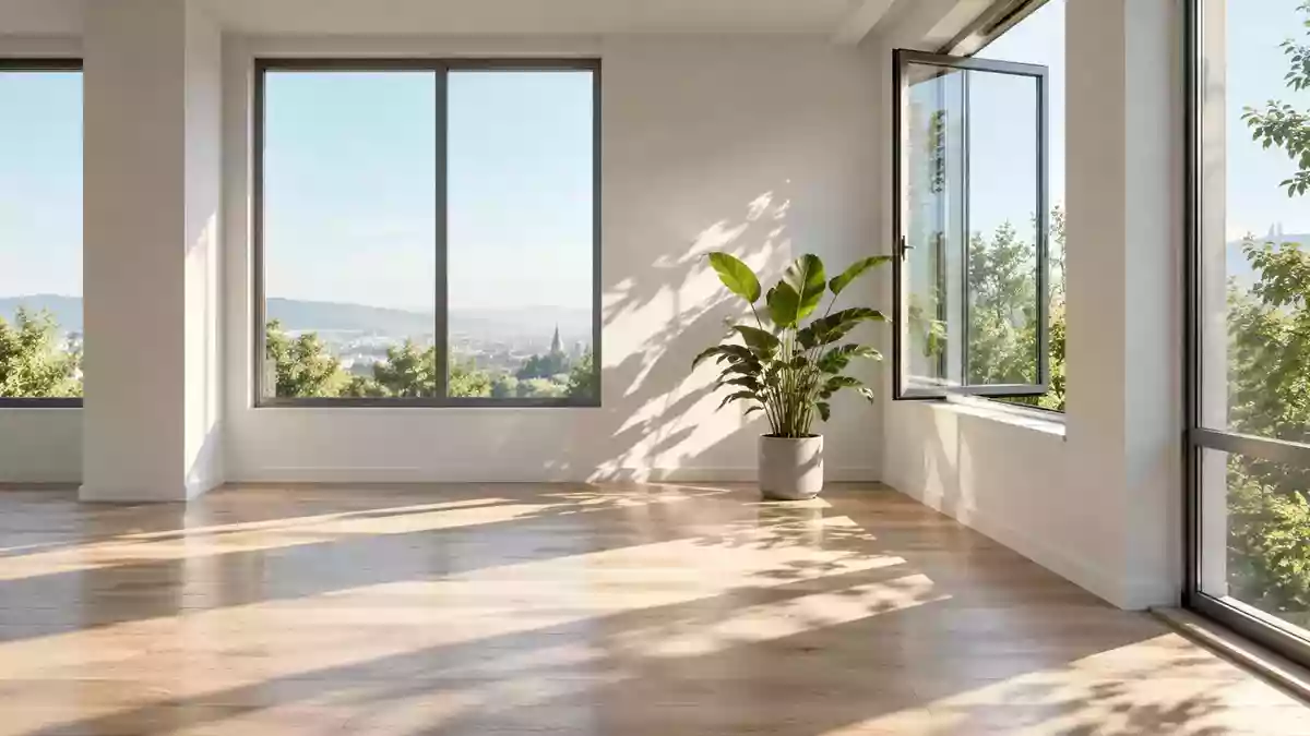 Ein minimalistisches, lichtdurchflutetes Büro mit einer Pflanze und einem geöffneten Fenster, das natürliches Licht einlässt. Illustration mit AI erstellt.