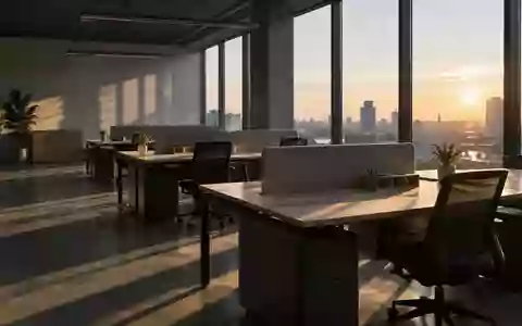 Ein leerer, modern gestalteter Büroraum mit aufgeräumten Schreibtischen im sanften Morgenlicht. - Foto: über boerse-global.de