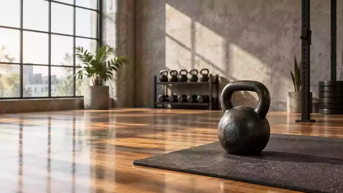 Ein minimalistischer Fitnessraum mit einem Kettlebell auf einer Trainingsmatte in einem sonnendurchfluteten Raum. Illustration mit AI erstellt.