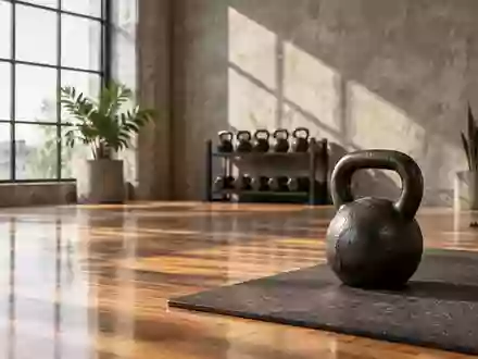 Ein minimalistischer Fitnessraum mit einem Kettlebell auf einer Trainingsmatte in einem sonnendurchfluteten Raum. - Foto: über boerse-global.de
